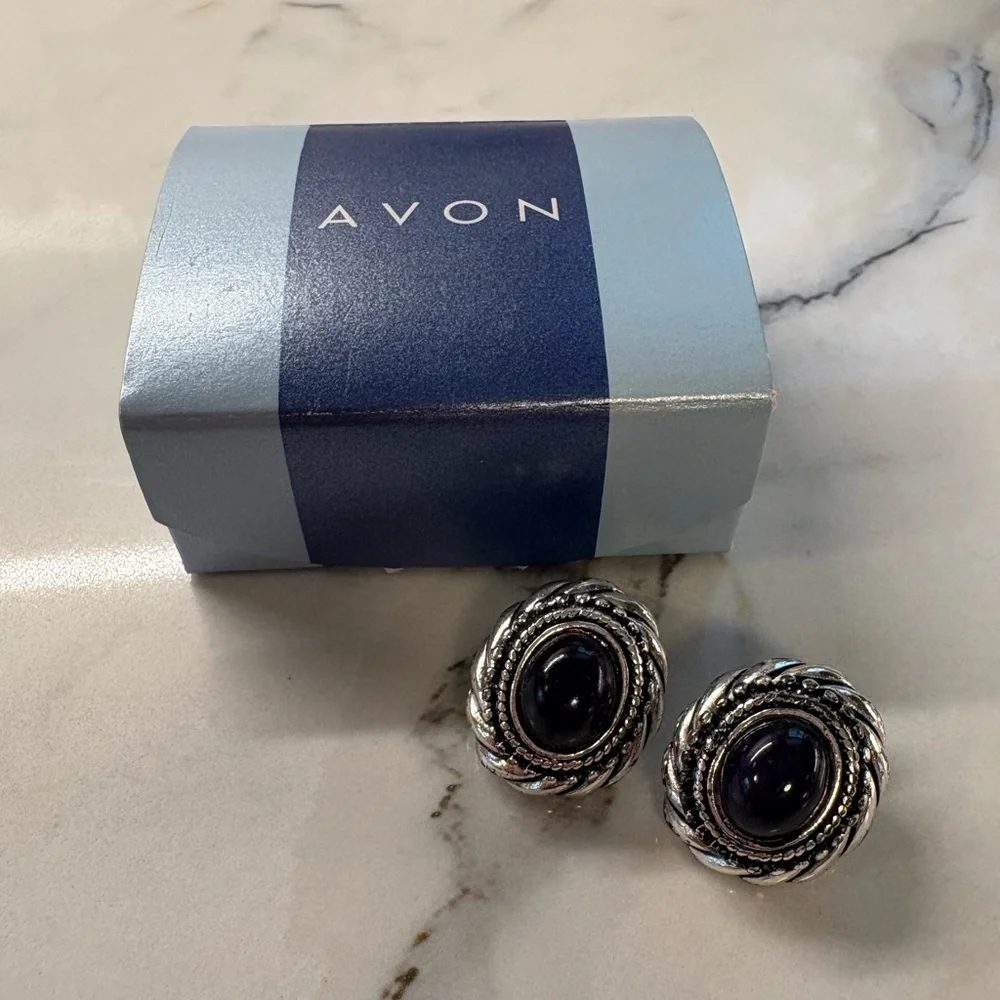 Avon Y2K Amethyst Cabochon Earrings Vintage Style Silver Statement Studs NIB 181 - Picture 10 of 14